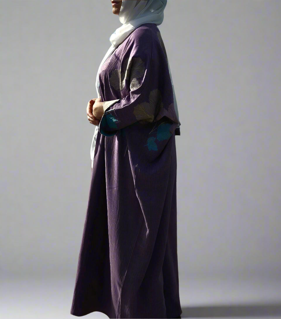 Open Button Up  Kimono Abaya - Nature purple