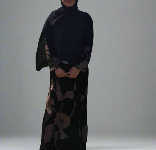 Embroidered Open Kimono Abaya Coat - Subtle Black