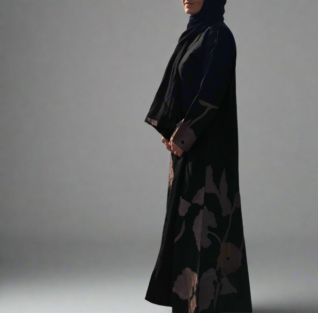 Embroidered Open Kimono Abaya Coat - Subtle Black