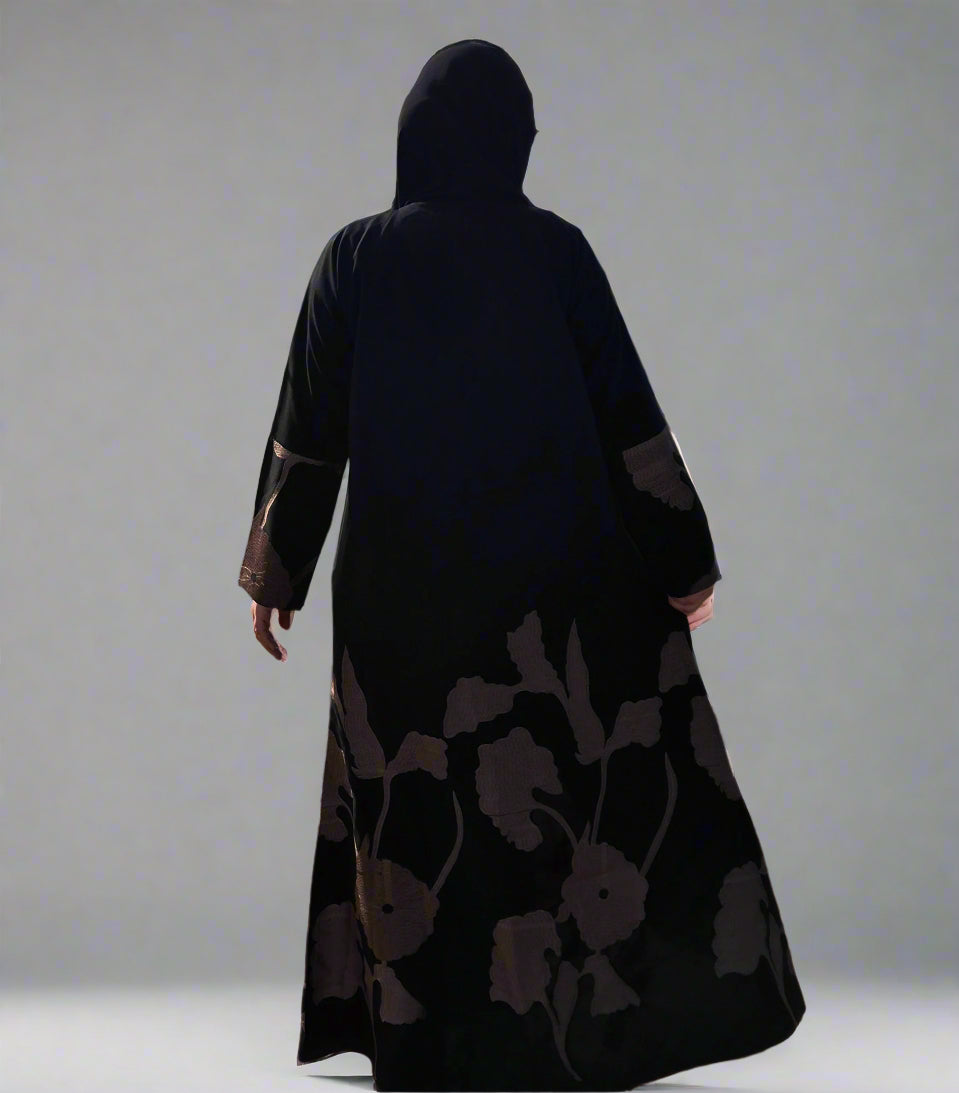 Embroidered Open Kimono Abaya Coat - Subtle Black